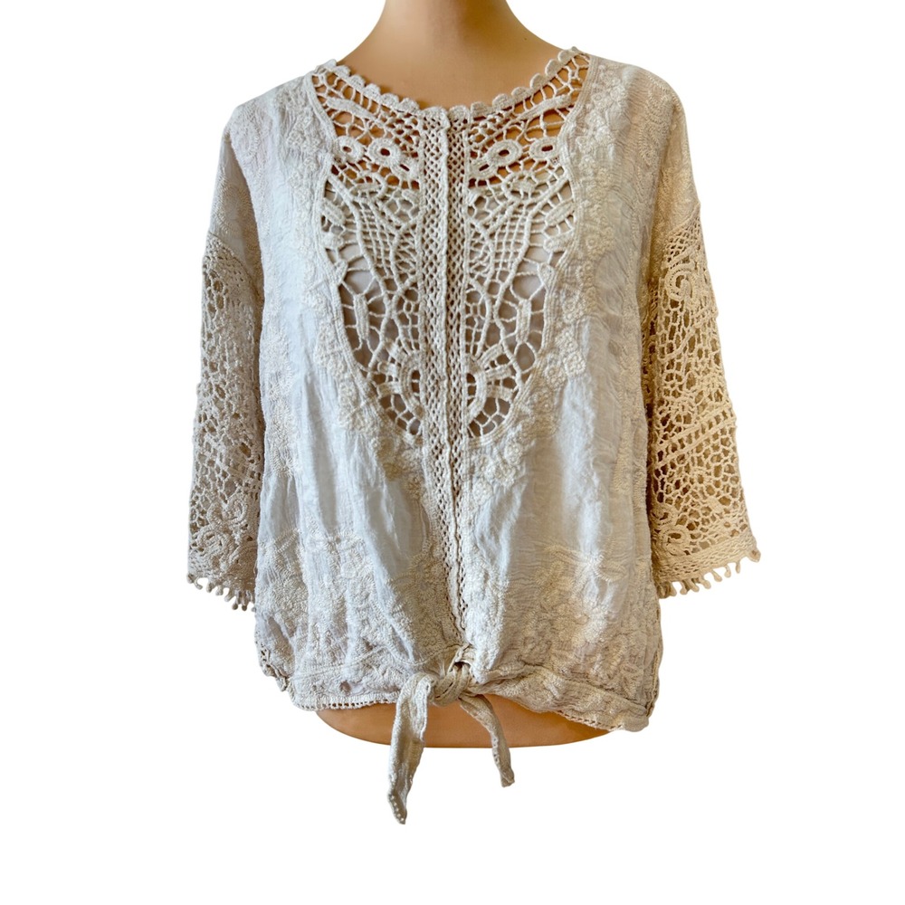 Spiaggia Dolce Boho Top Size S Natural Cotton Crochet Tie Front Festival Cottage